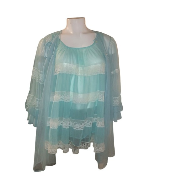Miss Elaine 1960s Chic Blue Chiffon Lace Short Nightie w Sheer Robe 3/4 slv S/M - Picture 10 of 16
